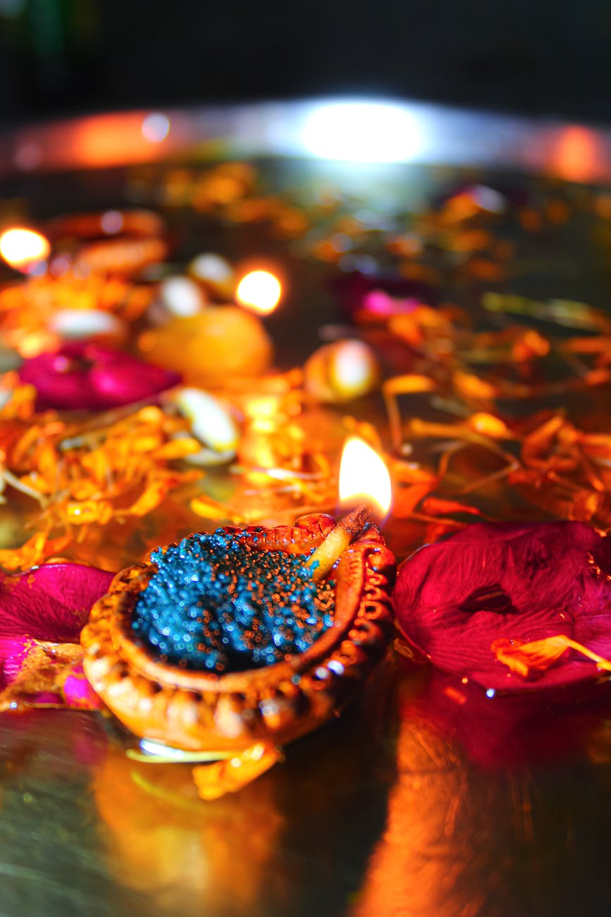 close up shot of lighted candles during diwali